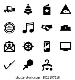 Solid vector icon set - fork loader vector, christmas tree, star postcard, climb road sign, tax peage, music, agreement, pedestal, mail dollar, hand wheel, drink, monitor, scythe, oiler