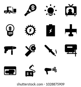 Solid vector icon set - fork loader vector, money torch, bulb, tv news, business idea, sun power, battery, milling cutter, drill machine, Angular grinder, soldering iron, jig saw, generator, welding