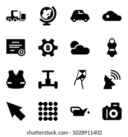 Solid vector icon set - fork loader vector, globe, car, cloud, certificate, money managemet, swimsuit, life vest, gyroscope, kite, satellite antenna, cursor, circuit, oiler, camera