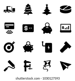Solid vector icon set - fork loader vector, christmas tree, pill, tap pay, credit card, piggy bank, account statistics, target, power, bolt, paint roller, clamp, kite, paper plane