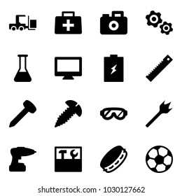 Solid vector icon set - fork loader vector, doctor bag, camera, gears, flask, monitor, battery, ruler, nail, screw, protective glasses, wood drill, tool box, tambourine, soccer ball