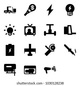 Solid vector icon set - fork loader vector, money torch, lightning, idea, bulb, tv news, gyroscope, water power plant, battery, milling cutter, Angular grinder, soldering iron, jig saw, generator