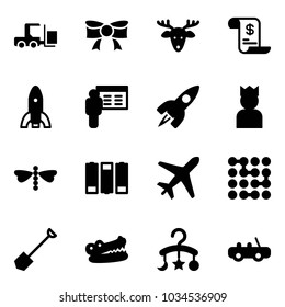Solid vector icon set - fork loader vector, bow, christmas deer, account history, rocket, presentation, king, dragonfly, battery, plane, circuit, shovel, crocodile, baby carousel, toy car