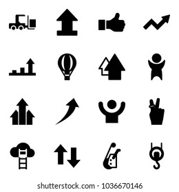 Solid vector icon set - fork loader vector, uplooad, like, growth arrow, air balloon, up, success, arrows, victory, cloud ladder, down, winch