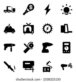 Solid vector icon set - fork loader vector, money torch, lightning, bulb, electric car, tv news, sun power, water plant, drill machine, Angular grinder, multimeter, soldering iron, jig saw, welding