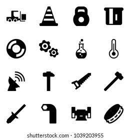 Solid vector icon set - fork loader vector, road cone, weight, atm, lifebuoy, gears, round flask, thermometer, satellite antenna, hammer, saw, sledgehammer, clinch, allen key, sharpening, tambourine