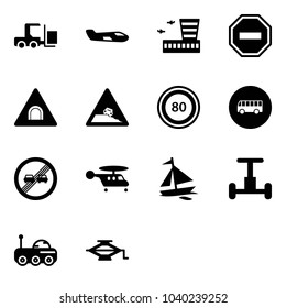 Solid vector icon set - fork loader vector, small plane, airport building, no way road sign, tunnel, steep roadside, speed limit 80, bus, end overtake, helicopter, sail boat, gyroscope, moon rover