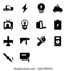 Solid vector icon set - fork loader vector, lightning, idea, electric car, tv news, business, water power plant, battery, milling cutter, drill machine, Angular grinder, multimeter, soldering iron