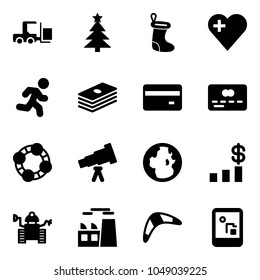 Solid vector icon set - fork loader vector, christmas tree, sock, heart, run, dollar, credit card, friends, telescope, globe, chart, robot, plant, boomerang, game console