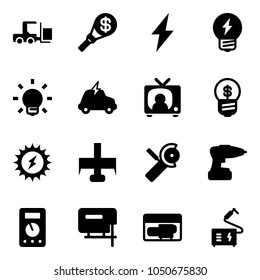 Solid vector icon set - fork loader vector, money torch, lightning, idea, bulb, electric car, tv news, business, sun power, milling cutter, Angular grinder, drill, multimeter, jig saw, generator