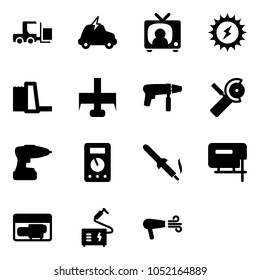 Solid vector icon set - fork loader vector, electric car, tv news, sun power, water plant, milling cutter, drill machine, Angular grinder, multimeter, soldering iron, jig saw, generator, welding