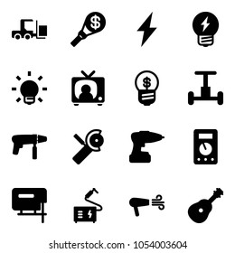 Solid vector icon set - fork loader vector, money torch, lightning, idea, bulb, tv news, business, gyroscope, drill machine, Angular grinder, multimeter, jig saw, welding, dryer, guitar