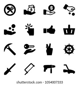 Solid vector icon set - fork spoon plate vector, investment, cash pay, hand touch, like, basket, rock axe, key, victory, wheel, clinch, metal hacksaw, drill machine, lawn mower