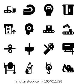 Solid vector icon set - fork loader vector, mri, atm, brain work, conveyor, steel rolling, crown drill, Angular grinder, jig saw, cocncrete mixer, winch, excavator toy