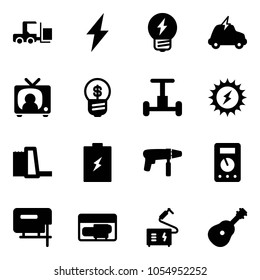 Solid vector icon set - fork loader vector, lightning, idea, electric car, tv news, business, gyroscope, sun power, water plant, battery, drill machine, multimeter, jig saw, generator, welding