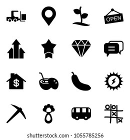 Solid vector icon set - fork loader vector, map pin, sprout, open, arrows up, star medal, diamond, dialog, home dollar, coconut cocktail, banana, sun power, axe, beanbag, toy bus, Tic tac toe