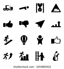 Solid vector icon set - fork loader vector, push ups, pull, climb road sign, like, dislike, paper plane, growth arrow, career, air balloon, success, finger up, opportunity, winch