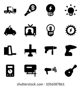 Solid vector icon set - fork loader vector, money torch, idea, bulb, electric car, tv news, business, sun power, water plant, milling cutter, drill machine, multimeter, jig saw, dryer, guitar