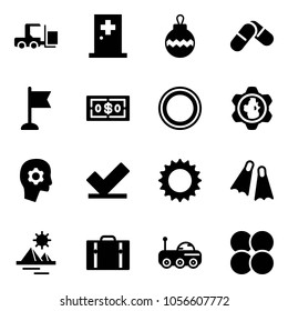 Solid vector icon set - fork loader vector, first aid room, christmas ball, pills, flag, dollar, prohibition road sign, gear globe, brain work, check, sun, flippers, pyramid, suitcase, moon rover