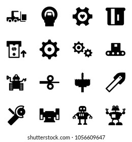 Solid vector icon set - fork loader vector, mri, heart gear, atm, conveyor, robot, steel rolling, crown drill, tile, Angular grinder, sharpening