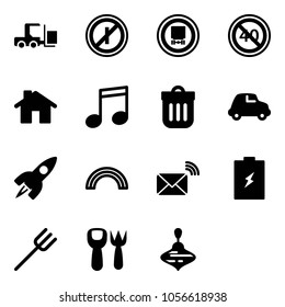 Solid vector icon set - fork loader vector, no parking odd, dangerous cargo road sign, end minimal speed limit, home, music, trash bin, car, rocket, rainbow, wireless mail, battery, farm, shovel toy