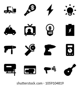 Solid vector icon set - fork loader vector, money torch, lightning, bulb, electric car, tv news, business idea, battery, drill machine, Angular grinder, multimeter, jig saw, generator, dryer, guitar