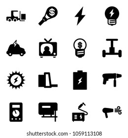 Solid vector icon set - fork loader vector, money torch, lightning, idea, electric car, tv news, business, gyroscope, sun power, water plant, battery, drill machine, multimeter, jig saw, welding