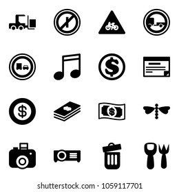 Solid vector icon set - fork loader vector, no parkin odd, road for moto sign, trailer, truck overtake, music, dollar, schedule, money, dragonfly, camera, projector, trash bin, shovel toy
