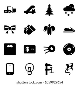 Solid vector icon set - fork loader vector, trap truck, christmas tree, snowfall, bow, gloves, angel, snowmobile, floor scales, credit card, first satellite, cd, mobile phone, bulb, clamp, kite