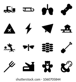 Solid vector icon set - fork loader vector, sleigh, lungs, broken bone, airport road sign, lightning, paper fly, bungalow, palm, dragonfly, carbon, shovel, farm, stapler, bear toy, soother