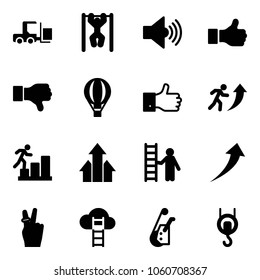 Solid Vector Icon Set - Fork Loader Vector, Pull Ups, Volume Max, Like, Dislike, Air Balloon, Finger Up, Career, Arrows, Opportunity, Growth, Victory, Cloud Ladder, Winch