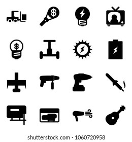 Solid vector icon set - fork loader vector, money torch, idea, tv news, business, gyroscope, sun power, battery, milling cutter, drill machine, soldering iron, jig saw, generator, dryer, guitar
