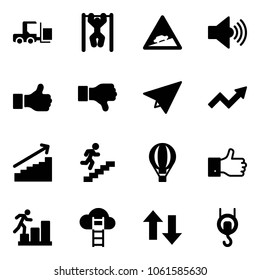 Solid vector icon set - fork loader vector, pull ups, climb road sign, volume max, like, dislike, paper plane, growth arrow, career, air balloon, finger up, cloud ladder, down arrows, winch