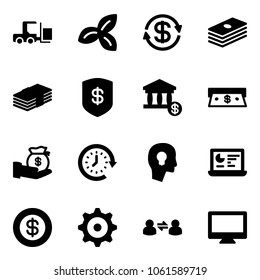 Solid vector icon set - fork loader vector, three leafs, dollar exchange, safe, account, cash, investment, clock around, head bulb, statistics monitor, gear, information