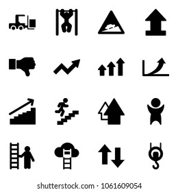 Solid vector icon set - fork loader vector, pull ups, climb road sign, uplooad, dislike, growth arrow, arrows up, career, success, opportunity, cloud ladder, down, winch