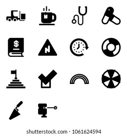 Solid vector icon set - fork loader vector, tea, stethoscope, pills, annual report, abrupt turn right road sign, clock around, circle chart, pyramid flag, check, rainbow, parasol, trowel