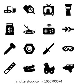 Solid vector icon set - fork loader vector, heart diagnosis, tv news, award, money bag, fishing, joystick wireless, connect, nail, nut, clinch, protective glasses, drill, crocodile, toy duck