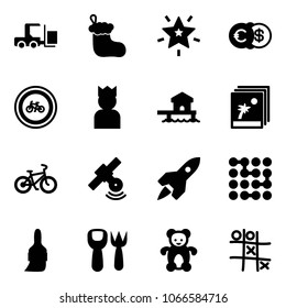 Solid vector icon set - fork loader vector, christmas sock, star, euro dollar, no bike road sign, king, bungalow, photo, satellite, rocket, circuit, brush, shovel toy, bear, Tic tac toe