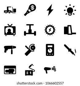Solid vector icon set - fork loader vector, money torch, lightning, bulb, tv news, gyroscope, sun power, water plant, drill machine, Angular grinder, multimeter, soldering iron, generator, welding