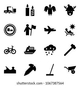 Solid vector icon set - fork loader vector, candle, angel, christmas deer hat, no truck overtake road sign, win, plane, beach, bike, cruiser, snow, sledgehammer, jointer, screw, rake, wheelbarrow