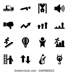 Solid vector icon set - fork loader vector, push ups, pull, volume max, dislike, growth arrow, arrows up, career, air balloon, success, opportunity, down, winch