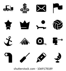 Solid vector icon set - fork loader vector, bank, mail, flag, star medal, crown, lounger, volleyball, anchor, tent, measuring tape, laser lever, allen key, awl, marker, moon lamp