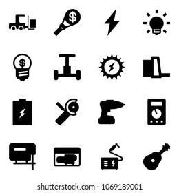 Solid vector icon set - fork loader vector, money torch, lightning, bulb, business idea, gyroscope, sun power, water plant, battery, Angular grinder, drill, multimeter, jig saw, generator, welding
