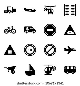 Solid vector icon set - fork loader vector, small plane, helicopter, seats, bike, encashment car, no way road sign, climb, railway intersection, speed limit 10, parking, wheelbarrow, sailboat toy