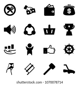 Solid vector icon set - fork spoon plate vector, cash pay, wallet, purse, volume max, social, basket, cup, growth, success, finger up, hand wheel, kite, bucksaw, rubber hammer, lawn mower