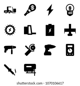 Solid vector icon set - fork loader vector, money torch, lightning, business idea, sun power, water plant, battery, milling cutter, drill machine, Angular grinder, multimeter, soldering iron