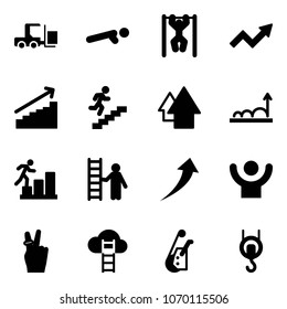 Solid vector icon set - fork loader vector, push ups, pull, growth arrow, career, up, opportunity, success, victory, cloud ladder, winch