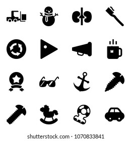 Solid vector icon set - fork loader vector, snowman, kidneys, tooth brush, circle road sign, play, speaker horn, green tea, star medal, sunglasses, anchor, screw, rocking horse, teethers, car