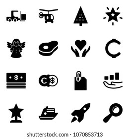 Solid vector icon set - fork loader vector, helicopter, christmas tree, star, angel, meat, heart care, cent, dollar, euro, attachment, growth, award, cruiser, rocket, beanbag