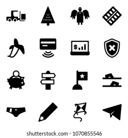 Solid vector icon set - fork loader vector, christmas tree, angel, pills blister, banana, tap pay, account statistics, shield cross, piggy bank, signpost, flag, flip flops, swimsuit, pencil, kite